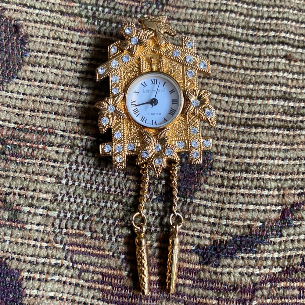 Vintage LindenWorld GF Cuckoo Clock Pendant/Brooch Rhinestones Watch &  Necklace